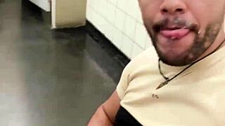 Bisexual encounter with a construction worker in public. Sucking in a toilet outdoor—how daring is that?