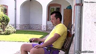 Young European girl has affair with her father’s friend by the pool