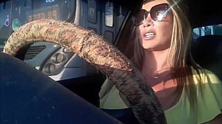 Mom with blonde hair seduces a bus driver and gives a blowjob