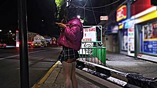 Trans woman flashes in public miniskirt outdoors