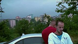 A girl sticks her butt out the car window for public sex fucking gang bang orgy