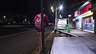 Trans woman flashes in public miniskirt outdoors