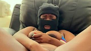 Muscular black babe rides daddy's cock close up.