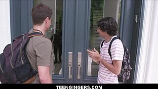 Petite teen redhead Alexa Nova studies with two boys