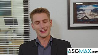 Hot guys secretly hookup in gay office parody