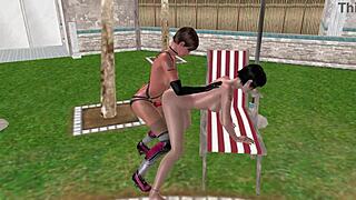 cute lesbian girl subtly fucking another from behind in 3d animation with hentai style