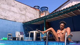 Beautiful brunette dances funk naked in backyard, flashing her pretty ass and cute body!