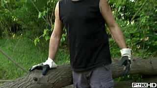 Pamela, a blonde with big natural boobs, has a threesome in the woods and gives a blow job