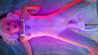 Hot blonde moans in cum puddle. Her white stockings soak as huge cock brings wild orgasm.