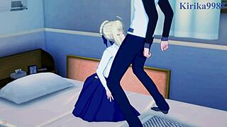 Saber and Rin Tohsaka tease Shirou Emiya in intense hentai sex