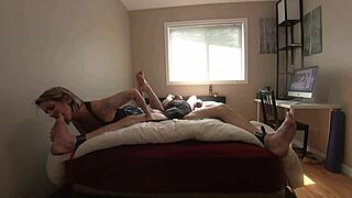 milf playfully teases her tied boyfriend's sensitive feet
