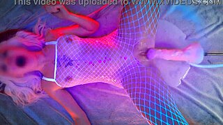 Hot blonde moans in cum puddle. Her white stockings soak as huge cock brings wild orgasm.