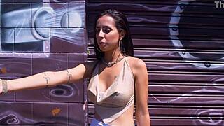 Brunette slut gets anal fucked backstage, receives facial cumshot