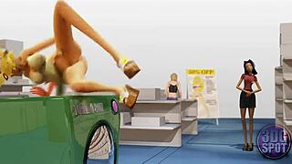 two busty lesbians experiment with a double dildo in a public store for uncensored sex