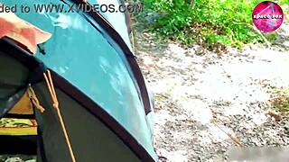 Solo anime girl masturbates secretly while camping in the woods