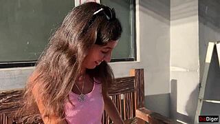 Skinny brunette gets covered in cum while shopping