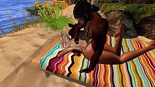 Black man has sex with Asian step-sister on the beach in Second Life