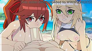 3D animated beach scene with Blazblue characters in hentai style