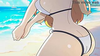 3D animated beach scene with Blazblue characters in hentai style