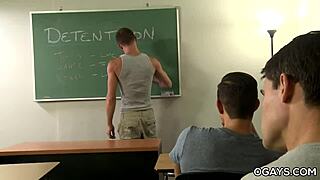 In the classroom, a gay threesome unfolds with intense anal sex and oral pleasures.
