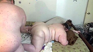 Fat bbw chubby couple endures intense double penetration with fuck machine to orgasm.