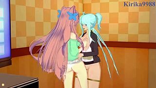 kanade, maria, and cagliostro in wild symphogear hentai lesbian fun.