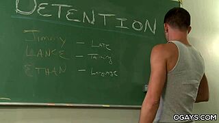 In the classroom, a gay threesome unfolds with intense anal sex and oral pleasures.