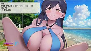 Anime beach scene with a titty fuck and an animehandjob
