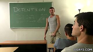 In the classroom, a gay threesome unfolds with intense anal sex and oral pleasures.