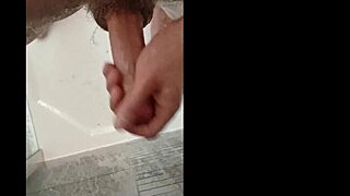 Showering with blonde bodybuilder in shower
