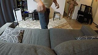 Mandy MyNxX goes deep while giving a blowjob on a couch POV