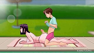 Hot neighbor gives a foot job beside the pool in this anime porn video