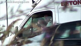 Cute blonde teen in daring public street threesome.