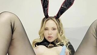 cute bunny having fun with clit and labia caresses clit and labia