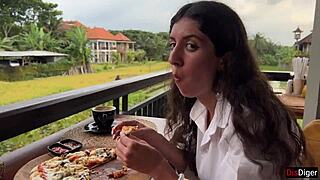 Cum-Covered Face Walk in Cafe! Girl Eats Pizza and Swallows!