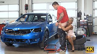 chesty milf in heels gives blowjob and ass licking to mechanic in garage