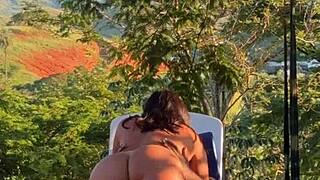 Damn, ride that big cock outdoors on the farm! she urged the Japanese hottie.