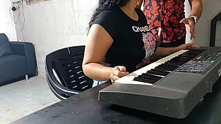 Keyboard prof punishes young student with hard doggystyle. Classroom babe takes it all bent over.