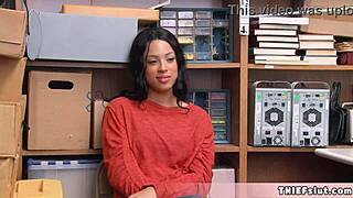 petite half black teen shoplifter caught, mall cop fucks her tiny pussy in the store