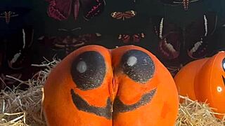 A horny teen gets double creampie in a pumpkin patch