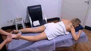 Massage turns steamy as the masseur goes wild until he finishes inside her. Their intense session unfolds with raw energy.