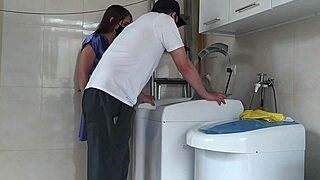 Housewife teases technician fixing her washing machine