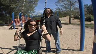 Wife with big tits banged by stranger outdoors as husband watches.