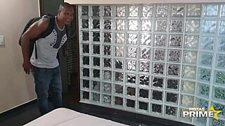 Blonde receives visit from big-cocked friend for interracial blowjob