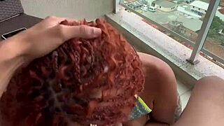 Brazilian guy intensely pounds Japanese girl's tight pussy on hotel balcony in POV