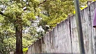 Masturbating in car in public excites hot woman at bus stop