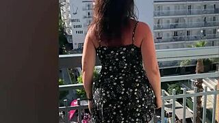 Latina Brunette Slut Flashes Big Tits and Ass in Public, Deepthroats Guys from Balcony