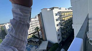 Latina Brunette Slut Flashes Big Tits and Ass in Public, Deepthroats Guys from Balcony