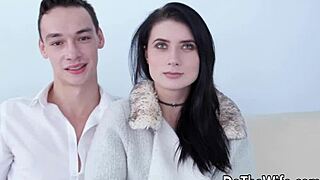 Petite wife Nicole Black rides dick next to her cuck husband