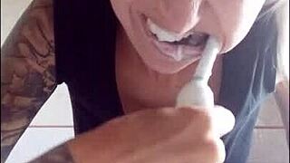 Brushing teeth properly and filling mouth with toothpaste!